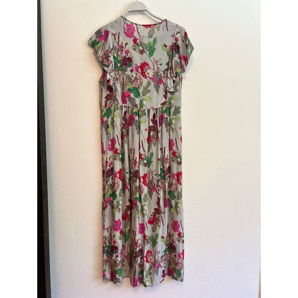 World Market Cost Plus Gray Floral Ruffle Sleeve Maxi House Dress Size: L/XL - Picture 3 of 6